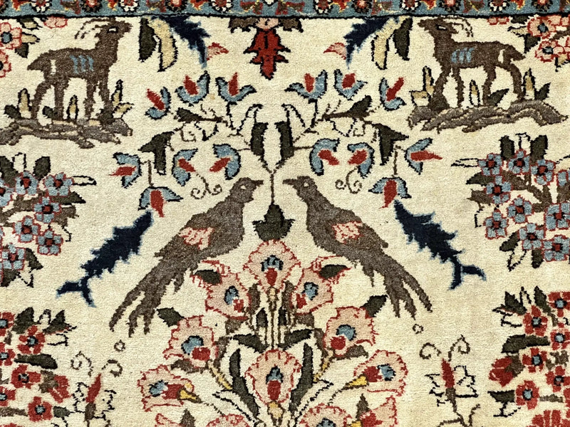 Persian Tree of Life 5x7, Qum Rug, Animal Motifs, Deer Birds, Fine 225 KPSI, Semi Antique Wool Rug, Cream Red by Jewel Rugs
