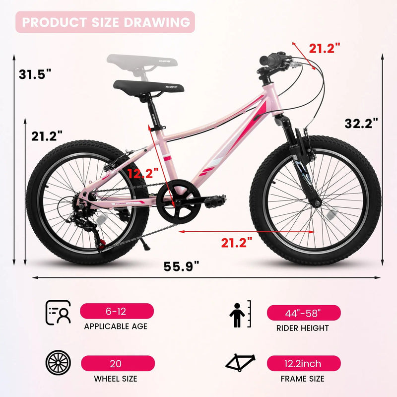 20" Children's Bicycle Shock Absorbing Front Fork 7 Speed V Brakes Mountain Tire Boys And Girls Kids Bike For Outdoor Adventure - Pink by HouseOfZazla