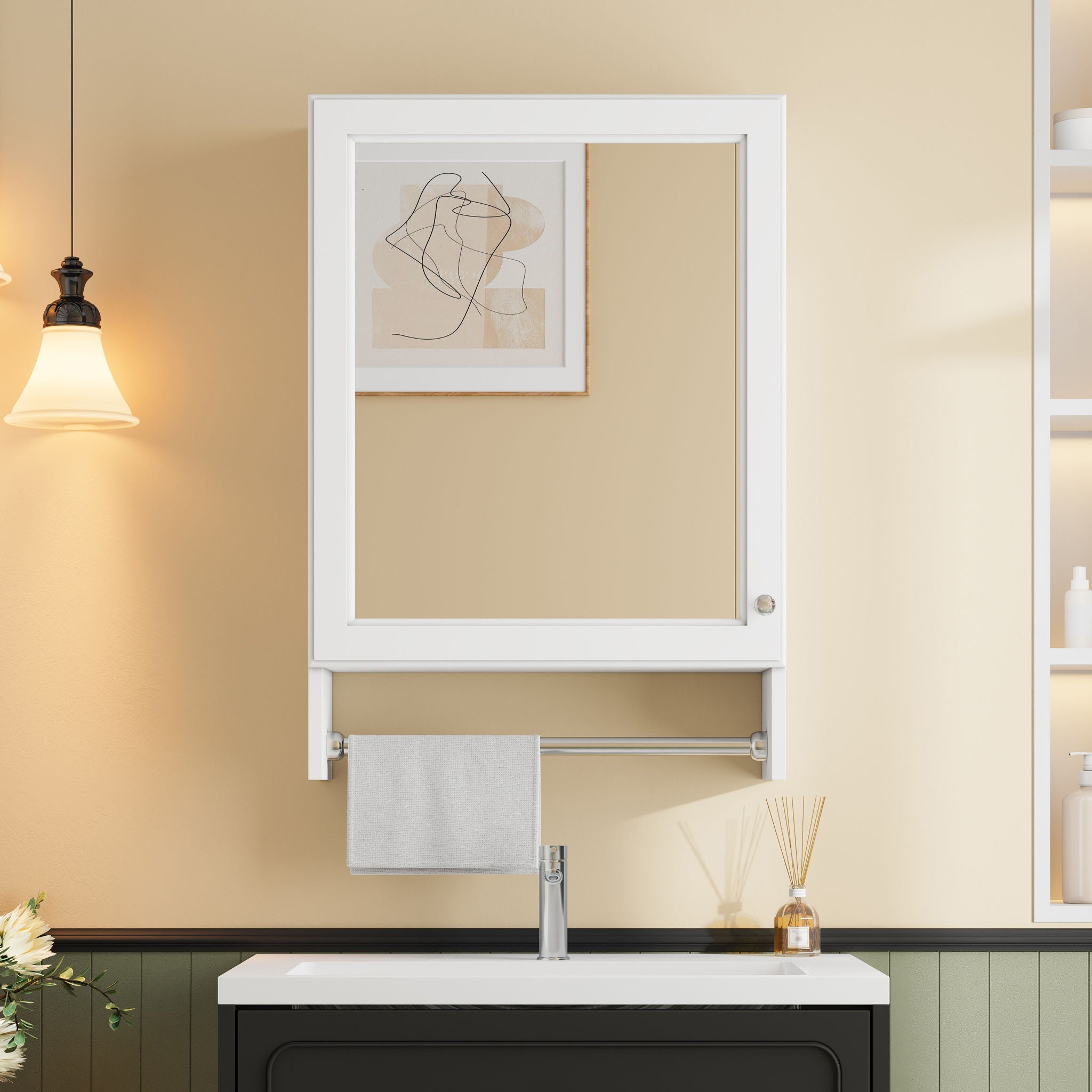 3 In 1 Wall Mounted Bathroom Mirror Cabinet With Adjustable Shelf, Soft Close Door, Mirror & Towel Bar - White by Unique Piece Furniture