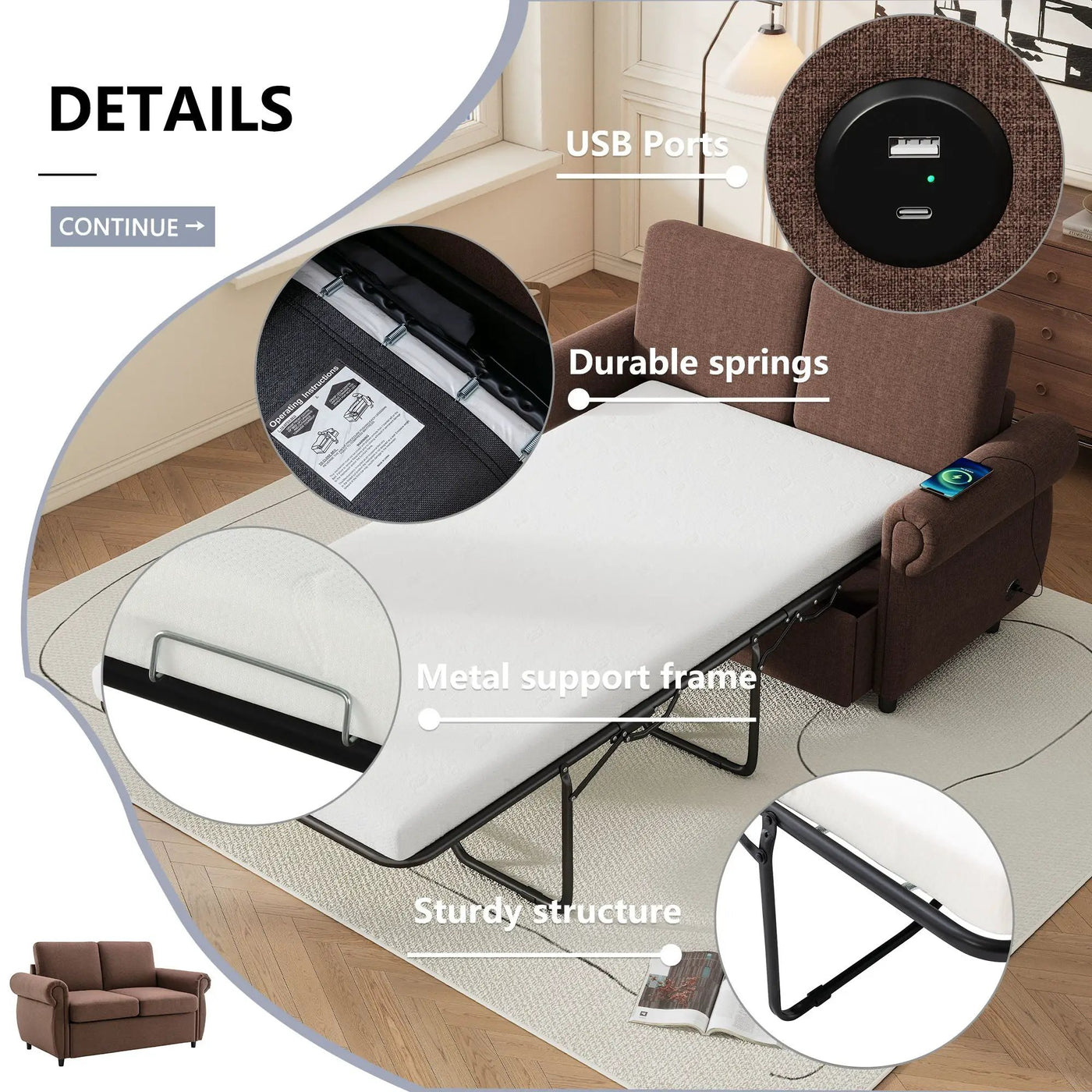 Pull Out Sofa Bed Loveseat Sleeper With Twin Size Memory Mattress With Two USB Ports For Living Room Spaces by HouseOfZazla