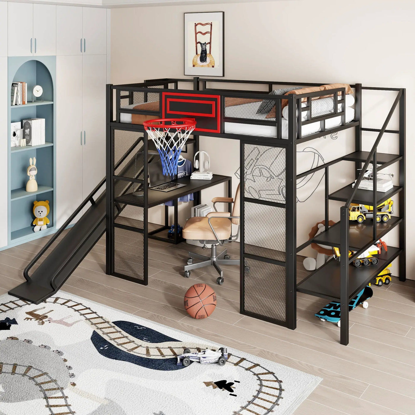 Loft Bed With Built In Desk, Open Wardrobe, Basketball Hoop, Slide And Staircase by HouseOfZazla