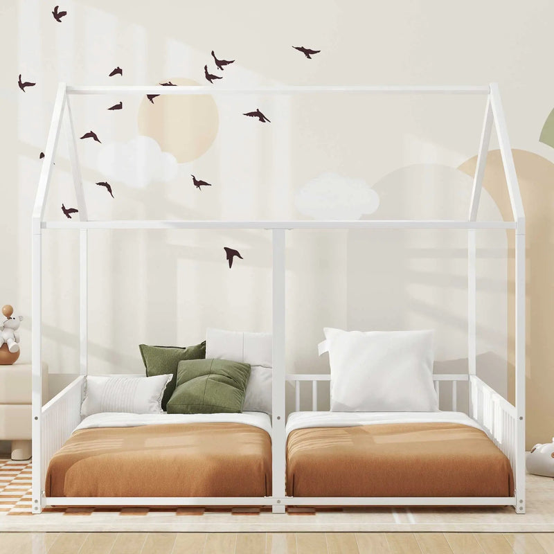 Metal Twin Size House Platform Beds 2 Shared Beds - Antique White by HouseOfZazla