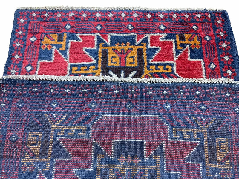 2' 8" X 4' 6" Vintage Handmade Tribal Wool Rug Balouchi Rug Afghan Rug Red Blue by Jewel Rugs