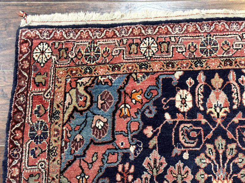 Persian Rug 3x5, Jozan Sarouk Rug, Navy Blue and Coral, Medallion Rug, Semi Antique by Jewel Rugs