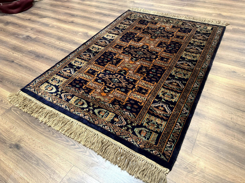 Vintage Afghan Rug 4x6, Navy Blue and Light Brown, Geometric Medallions, Wool on Wool, Tribal Rug by Jewel Rugs