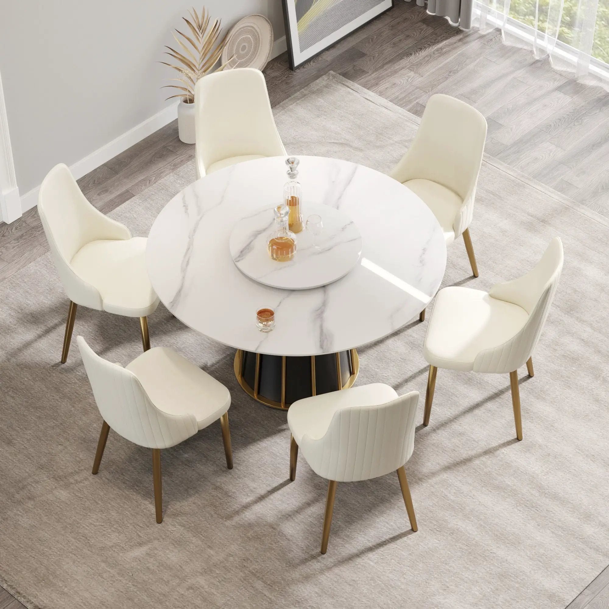 53.15" Modern Artificial Stone Round Panel Metal Iron Base Dining Table, Can Accommodate 6 People-23.62" Artificial Stone Turntable (Not Including Chairs) - White / Black by HouseOfZazla