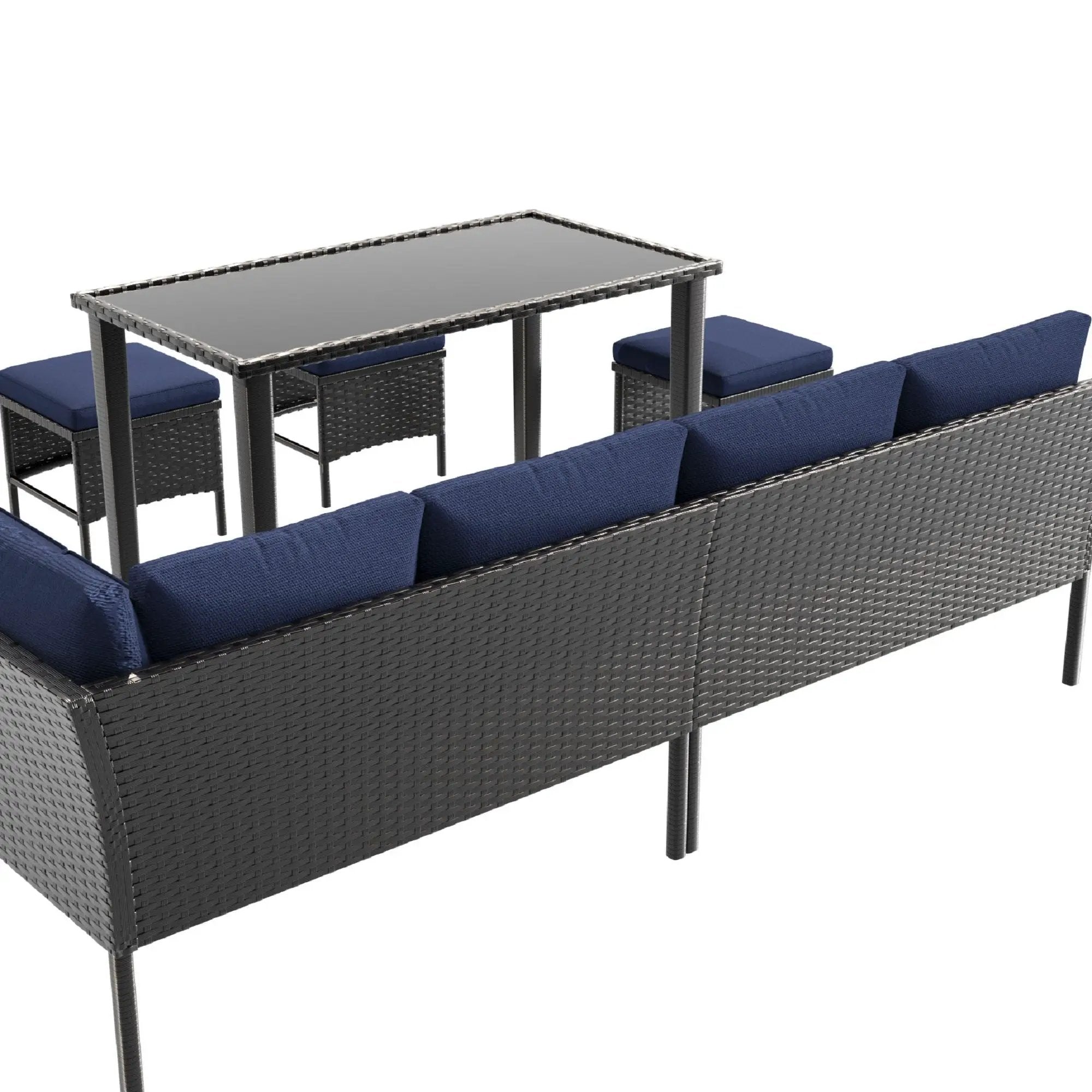 7 Piece Outdoor Furniture Set With Waterproof Cushions, Glass Table, And Space Saving Design - Blue by HouseOfZazla