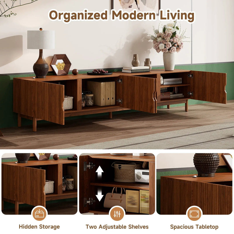 TV Stand With Legs, Media Console, 4 Cabinets For Living Room - Natural Wood by Unique Piece Furniture