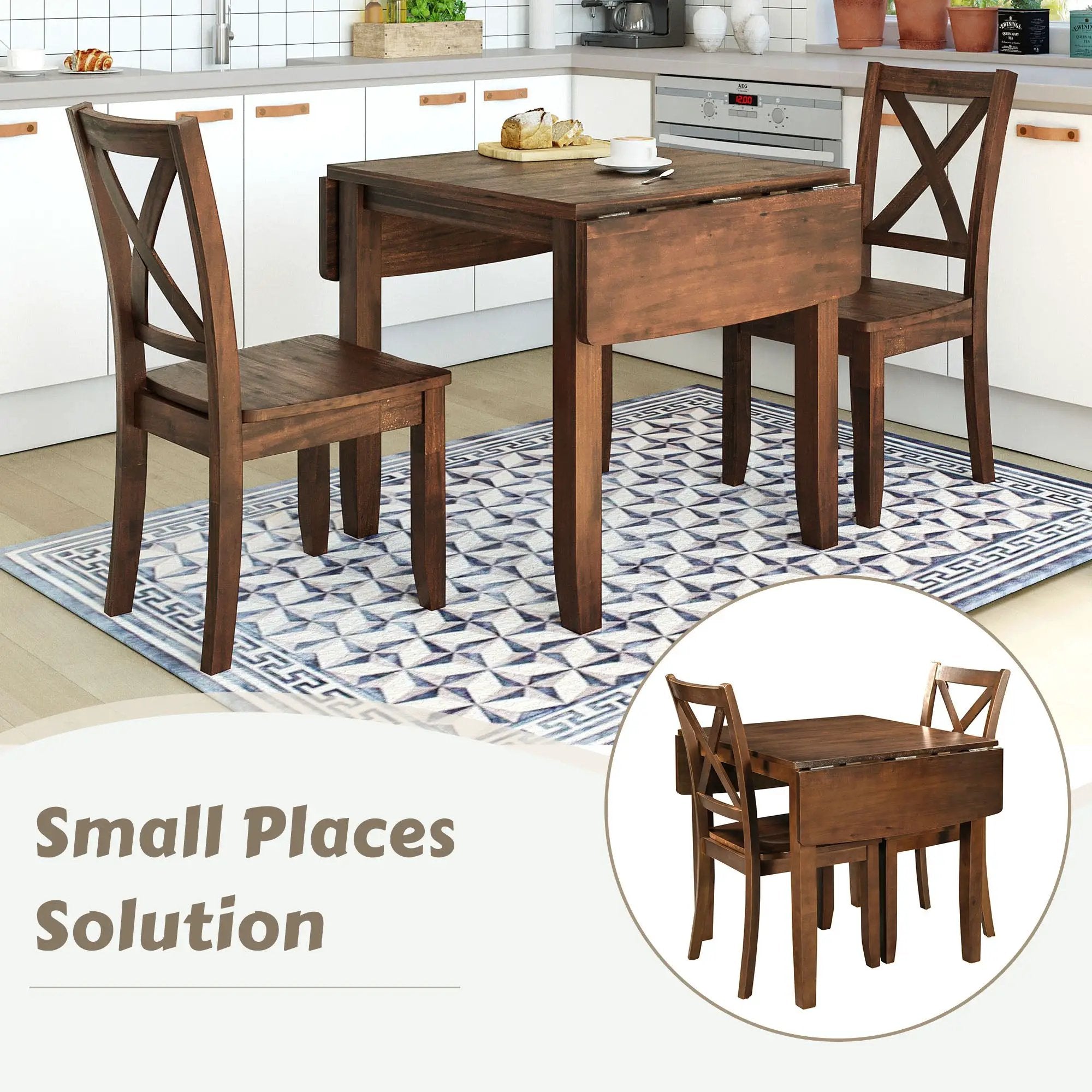 TOPMAX 3-Piece Wood Drop Leaf Breakfast Nook Dining Table Set with 2 X-back Chairs by HouseOfZazla