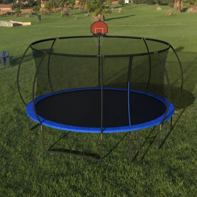 Pumpkin 14 Ft Outdoor Trampoline With Basketball Hoop Enclosure Net Ladder And Metal - Black / Blue by HouseOfZazla