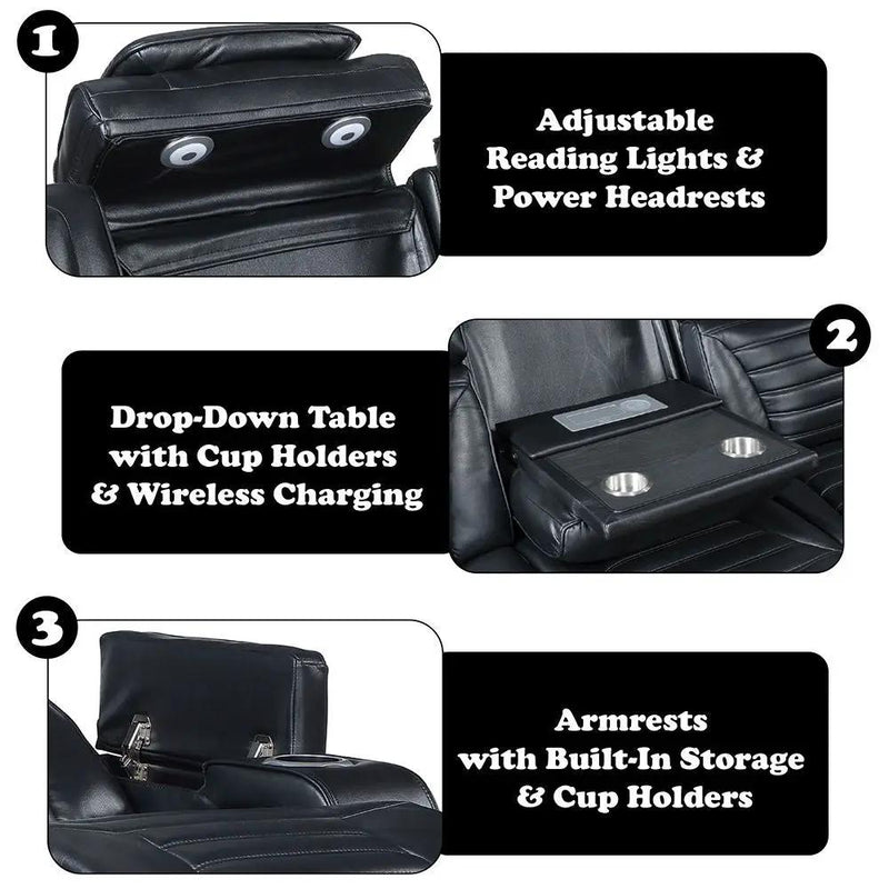 Ephron - Power Motion Sofa With Dropdown Table, Wireless Charging, Reading Light, Power Headrests & LED - Black by Unique Piece Furniture