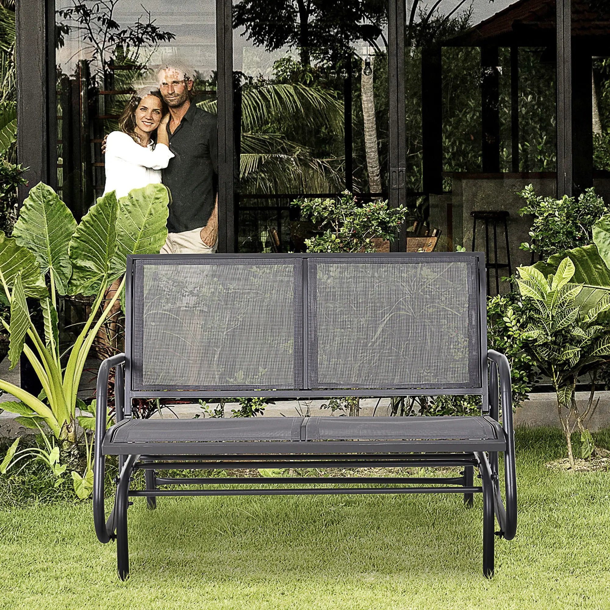 Outsunny - 2 Person Outdoor Glider Bench, Patio Double Swing Rocking Chair Loveseat With Powder Coated Steel Frame For Backyard Garden Porch - Gray by Unique Piece Furniture