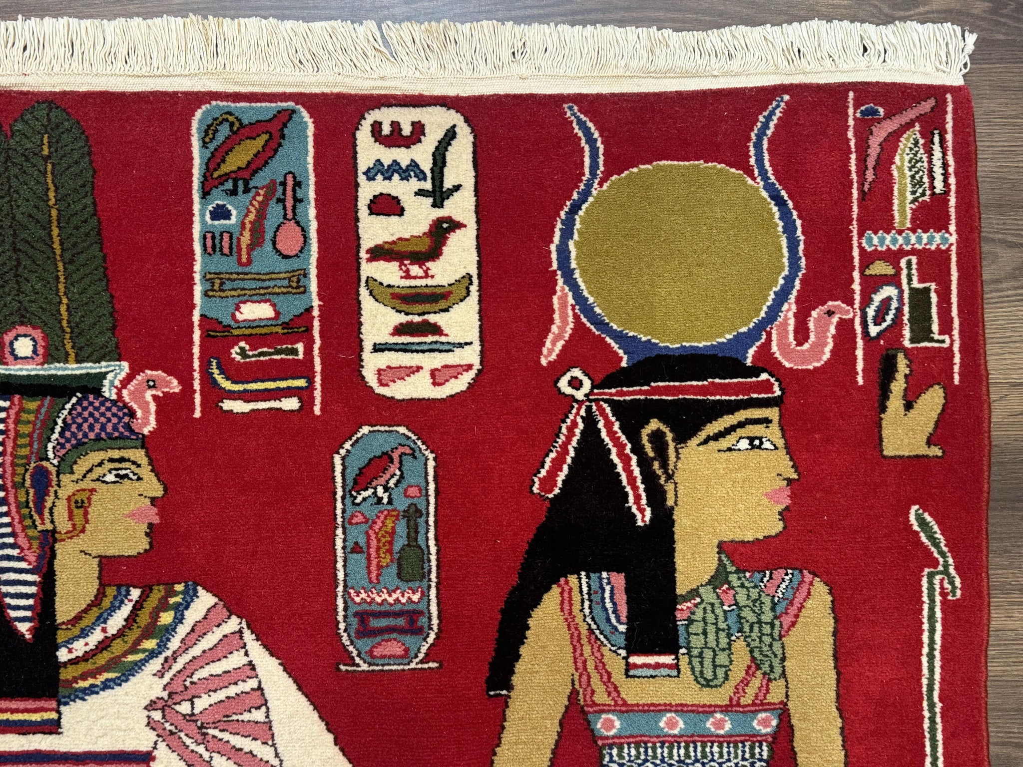 Egyptian Pictorial Rug 3x4, Hieroglyphic Pictorial Rug, Egyptian Prince and Princess, Cleopatra, Vintage Handmade, Red by Jewel Rugs