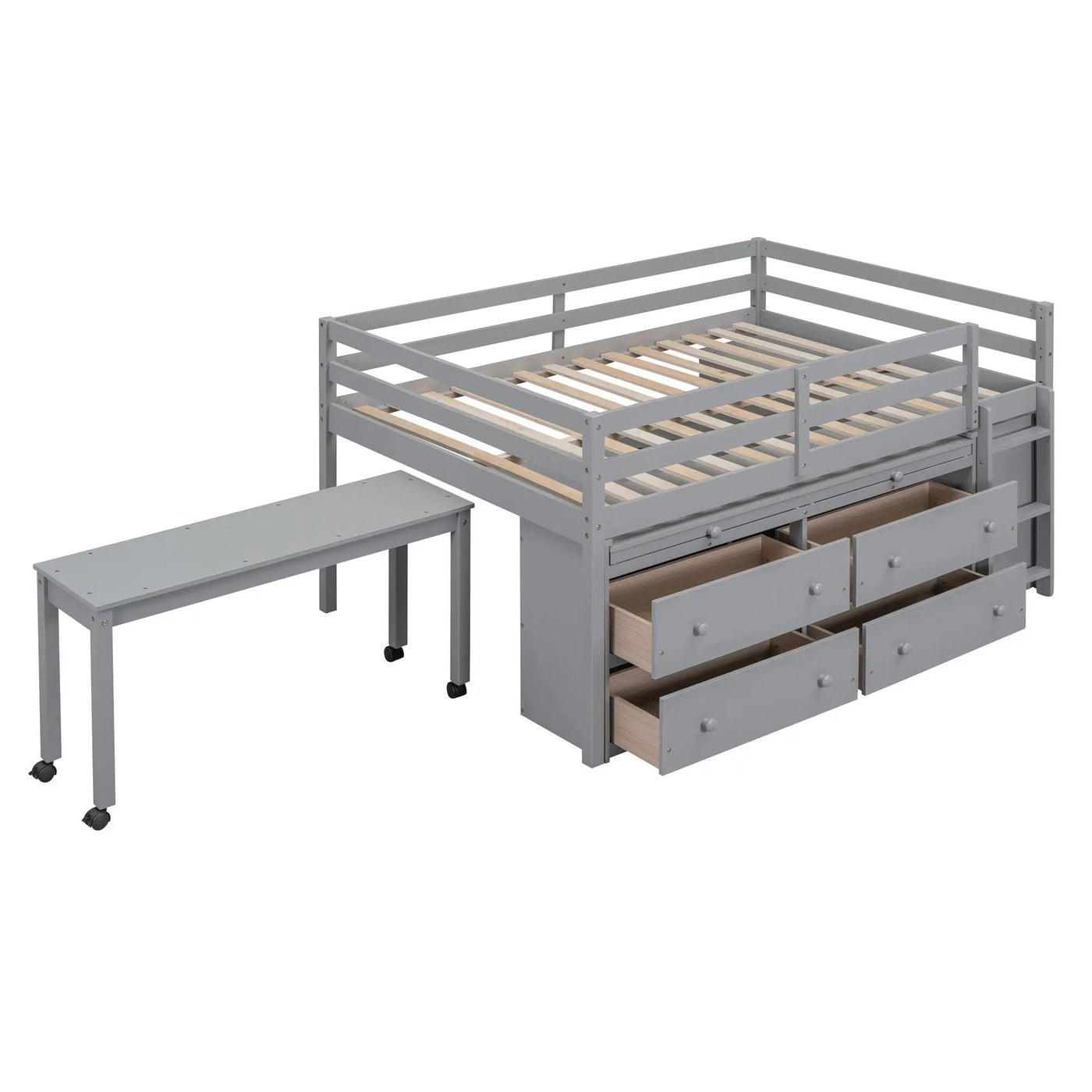 Loft Bed With Retractable Writing Desk And 4 Drawers, With Lateral Portable Desk And Shelves by Unique Piece Furniture