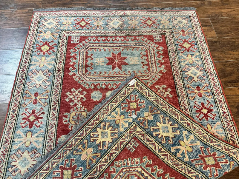 Turkish Kazak Rug 4x6, Handmade Vintage Wool Carpet, Geometric Design, Red and Light Blue by Jewel Rugs