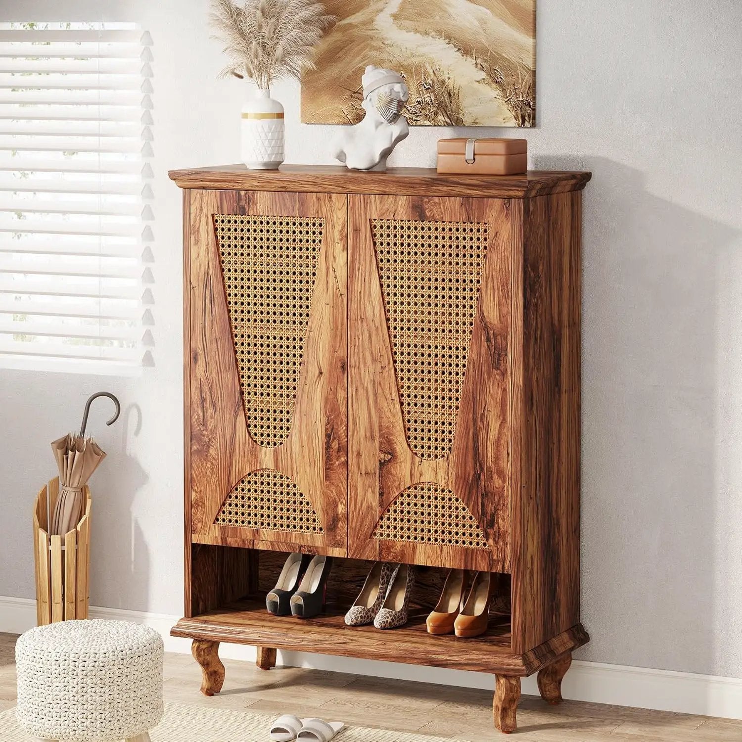 Shoe Cabinet With 5 Tier Freestanding Organizer, Ventilated Doors - Natural Wood by HouseOfZazla