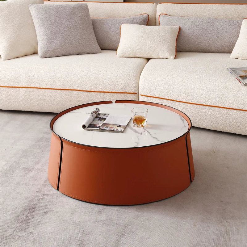 31.5" Coffee Table, Marble Top and Orange Saddle Leather Body by BLAKHOM