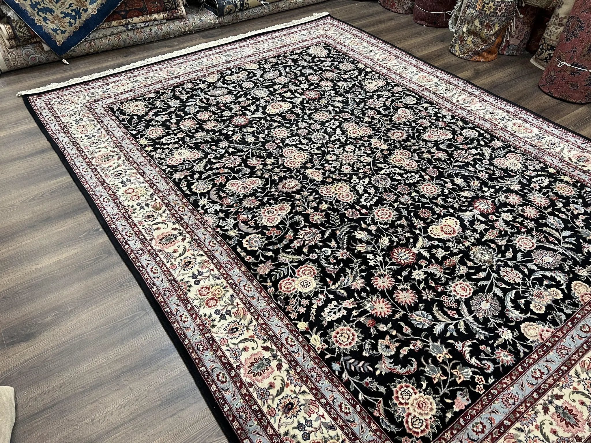 Pak Persian Rug 9x12, Floral Allover, Hand Knotted Oriental Carpet 9 x 12 ft, Black and Cream, Detailed, Wool with Silk Highlights, Vintage by Jewel Rugs