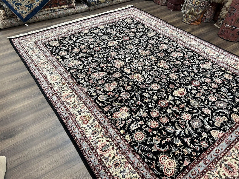 Pak Persian Rug 9x12, Floral Allover, Hand Knotted Oriental Carpet 9 x 12 ft, Black and Cream, Detailed, Wool with Silk Highlights, Vintage by Jewel Rugs