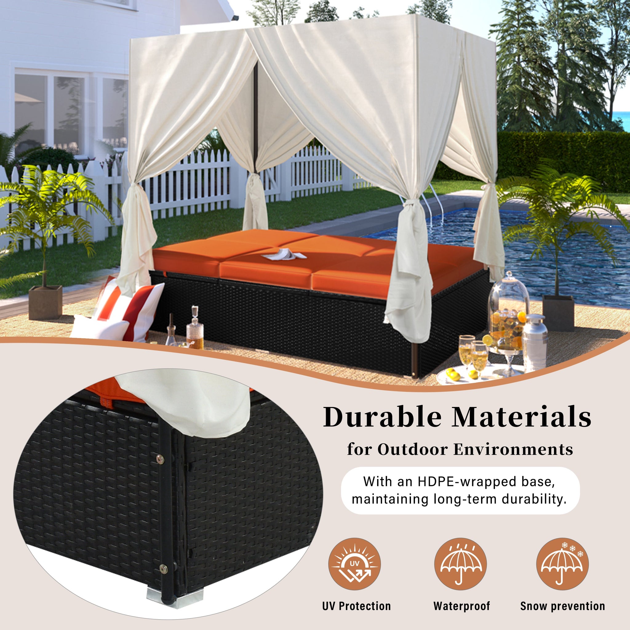 U_STYLE Outdoor Double Chaise Lounge Daybed with Curtains by HouseOfZazla
