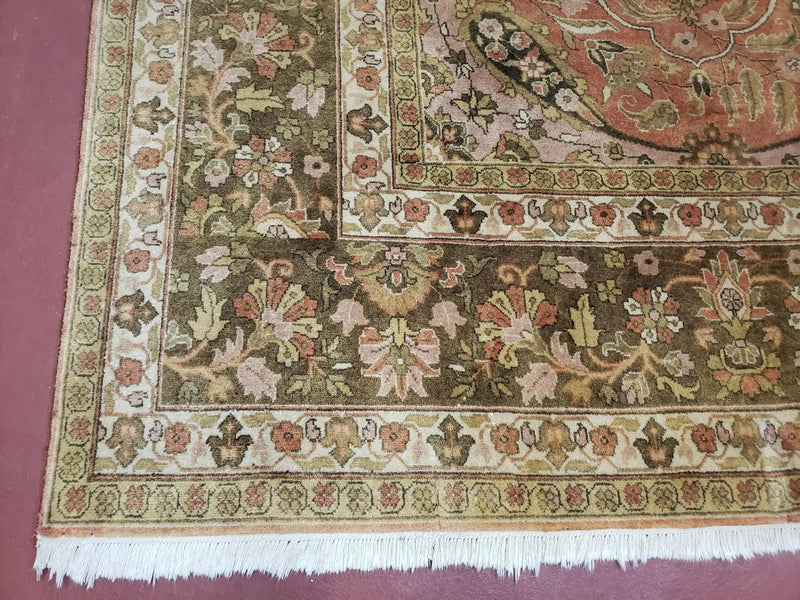Indo Persian Rug 8x10, Vintage Indian Rug 8 x 10, Fine Hand-Knotted Wool Rug, Rose Clay Red Beige Brown Handmade Area Rug, Floral Medallion by Jewel Rugs