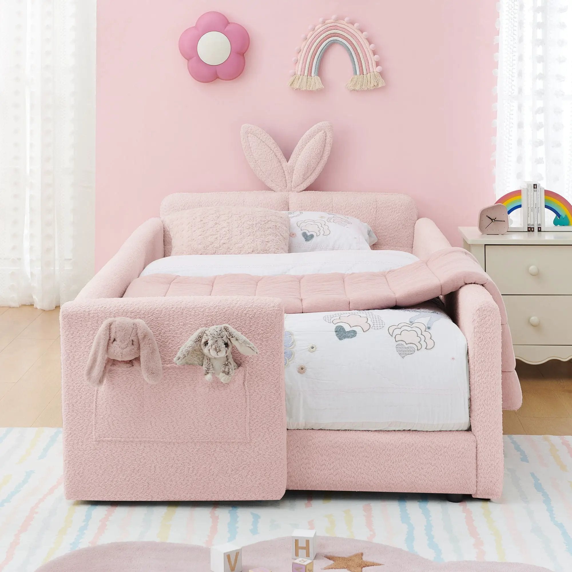Cute Rabbit Ear Upholstered Platform Bed Frame With Safety Rail by Unique Piece Furniture