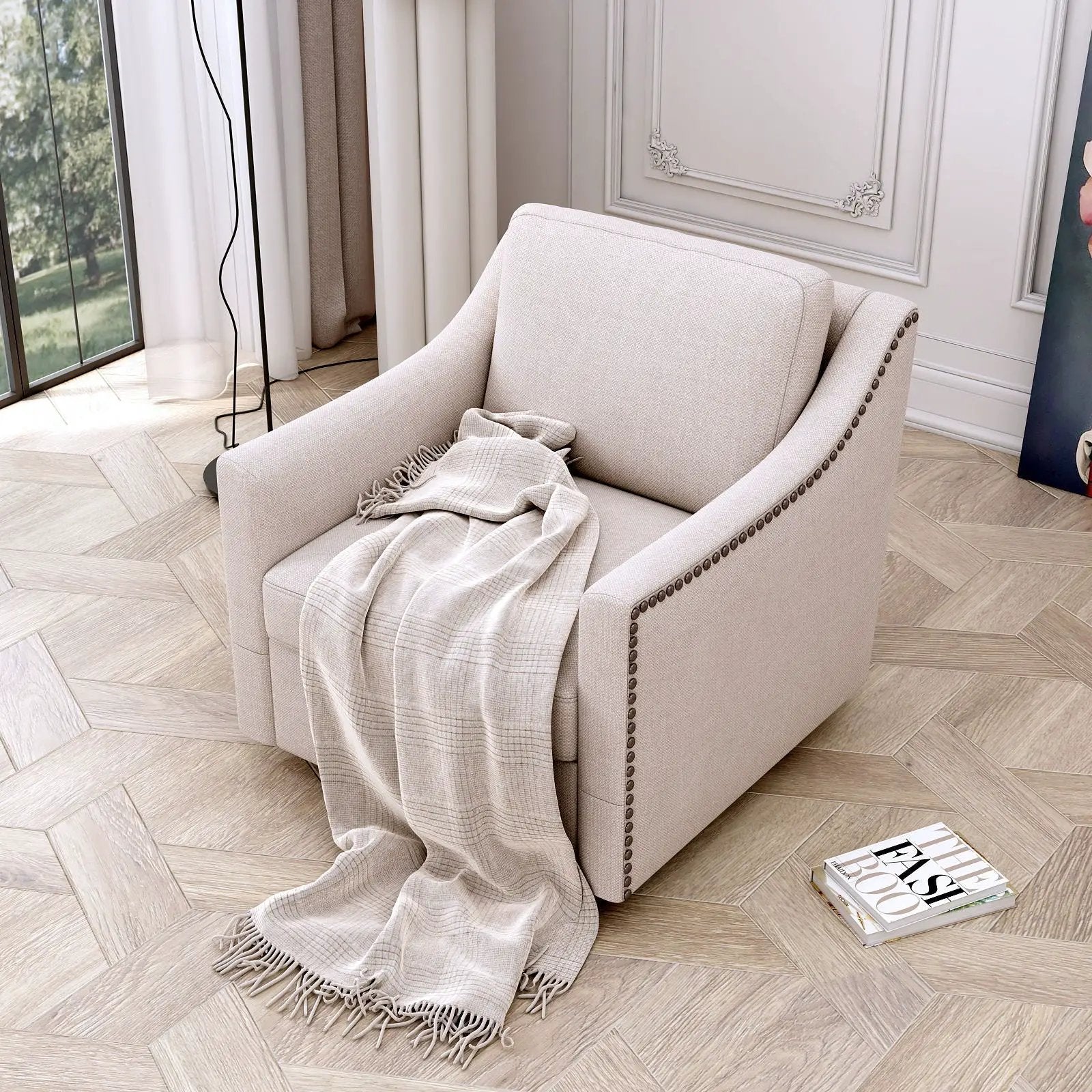 360 Degree Swivel Armchair, Skin Friendly Fabric, Ergonomic Design, Brass Nail Decorative Armchair by Unique Piece Furniture