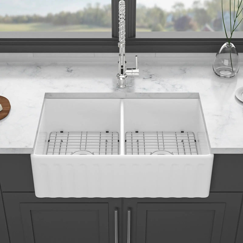 Sink 33" Double Bowl Kitchen Sink With Deep Bowls And Grids - White by HouseOfZazla