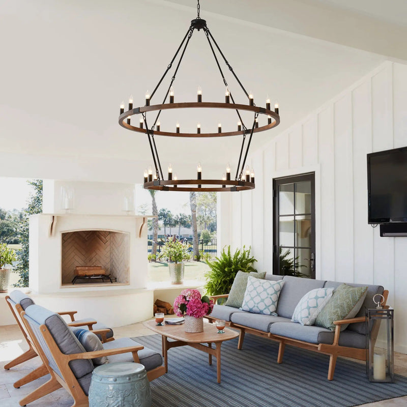Large Solid Wood Wagon Wheel Chandelier, 2-Tier 32-Lights by HouseOfZazla