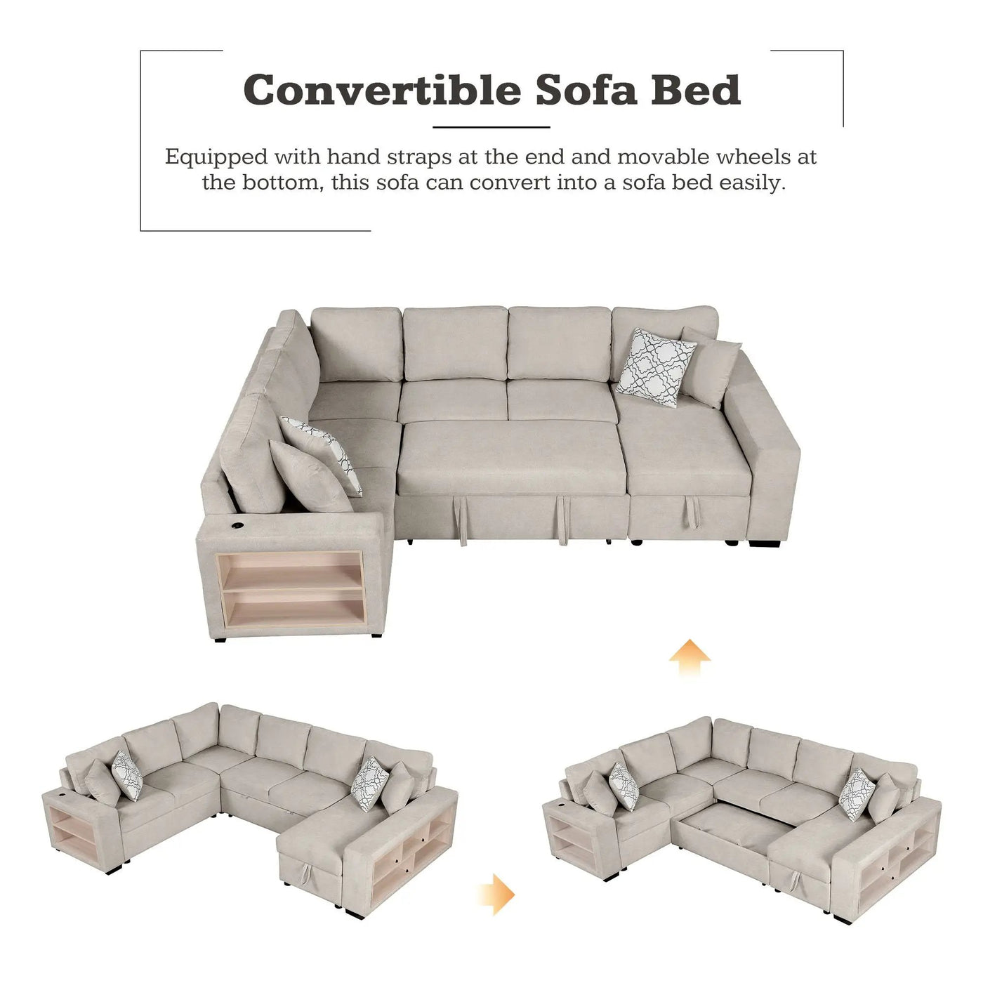 U-Shaped Sectional Sofa Pull-Out Sofa Bed With Two USB Ports, A Storage Chaise Lounge And Four Back Pillows For Living Room by HouseOfZazla