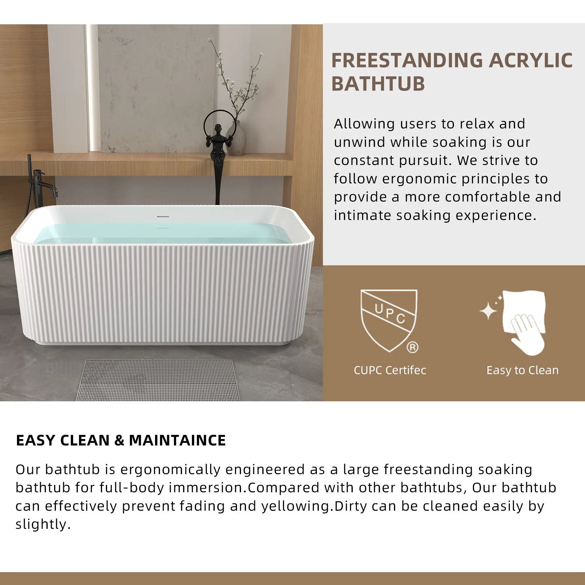 Rectangle Linear Freestanding Soaker Tub With Pop Up Drain, Double Wall Insulated Construction - Gloss White by HouseOfZazla