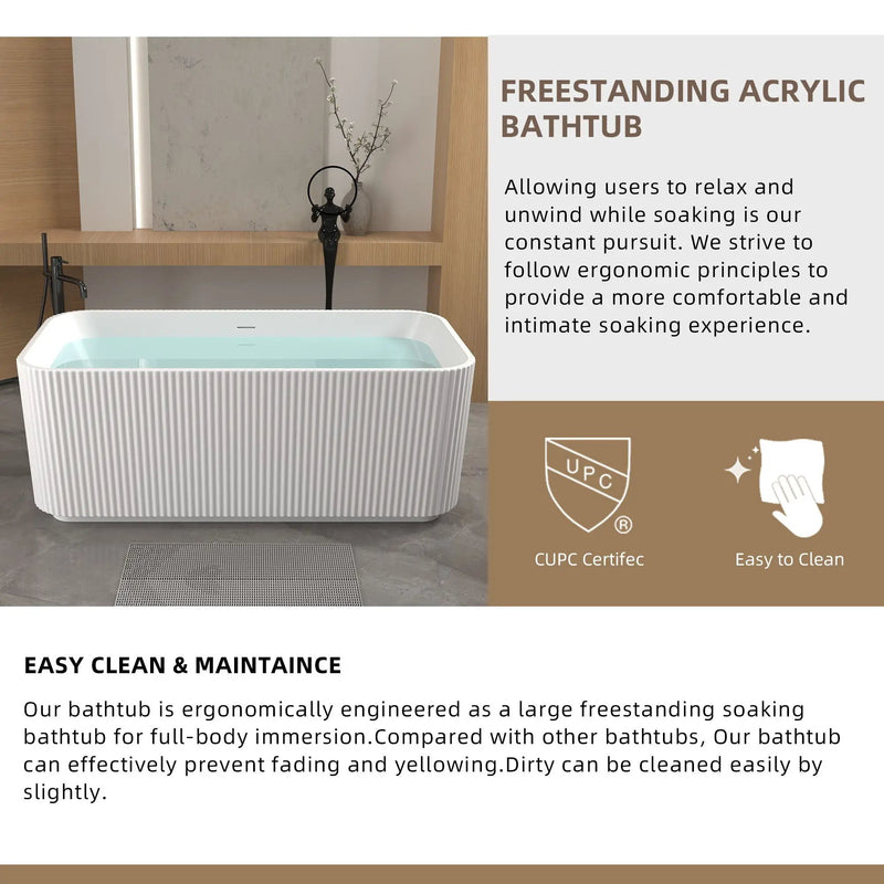 Rectangle Linear Freestanding Soaker Tub With Pop Up Drain, Double Wall Insulated Construction - Gloss White by HouseOfZazla
