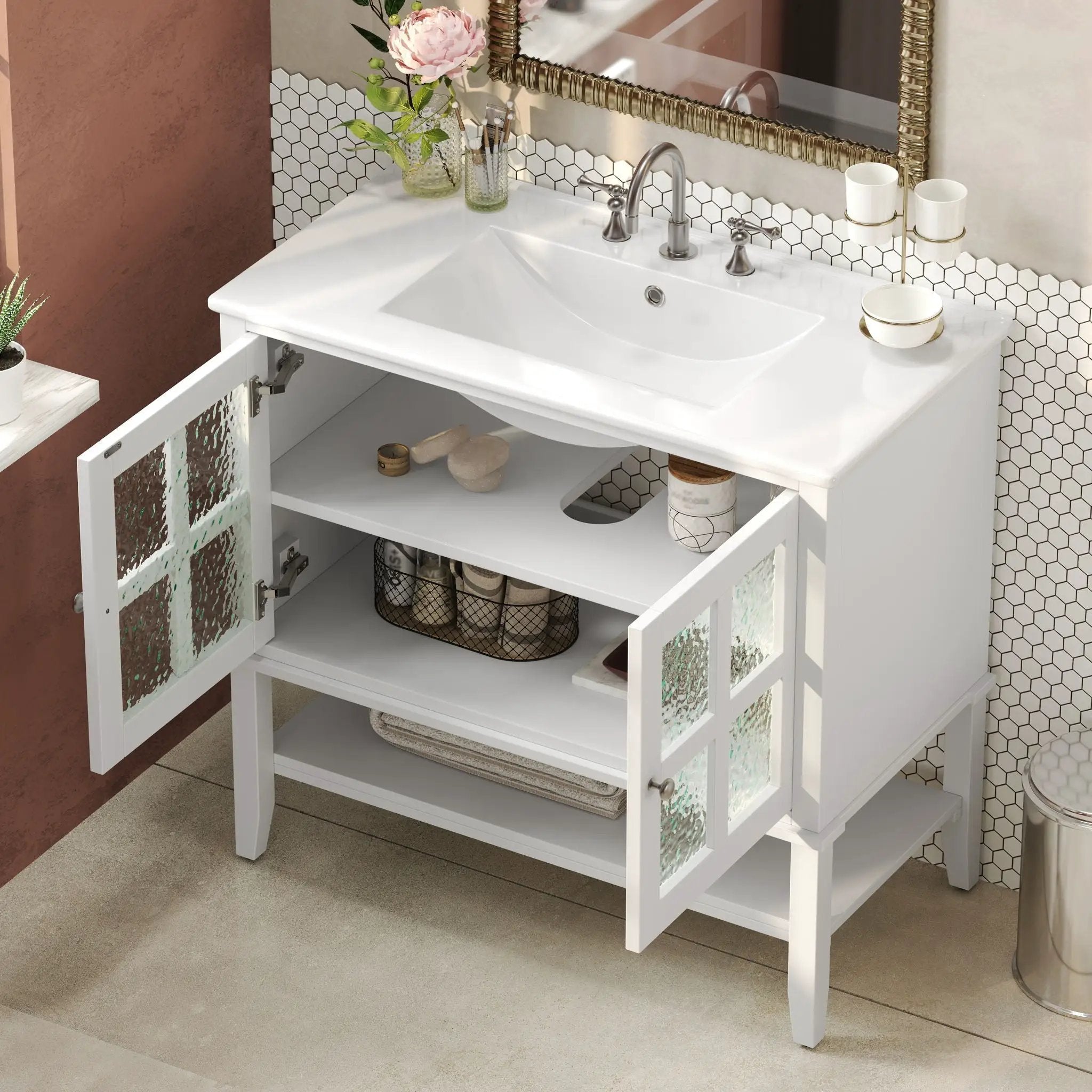 Bathroom Vanity With Ceramic Sink, Adjustable & Open Shelf by HouseOfZazla