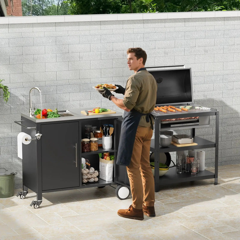 Outdoor Grill Table With Sink, Grill Cart With Sink And Cabinet With Wheels - Black / Silver by HouseOfZazla