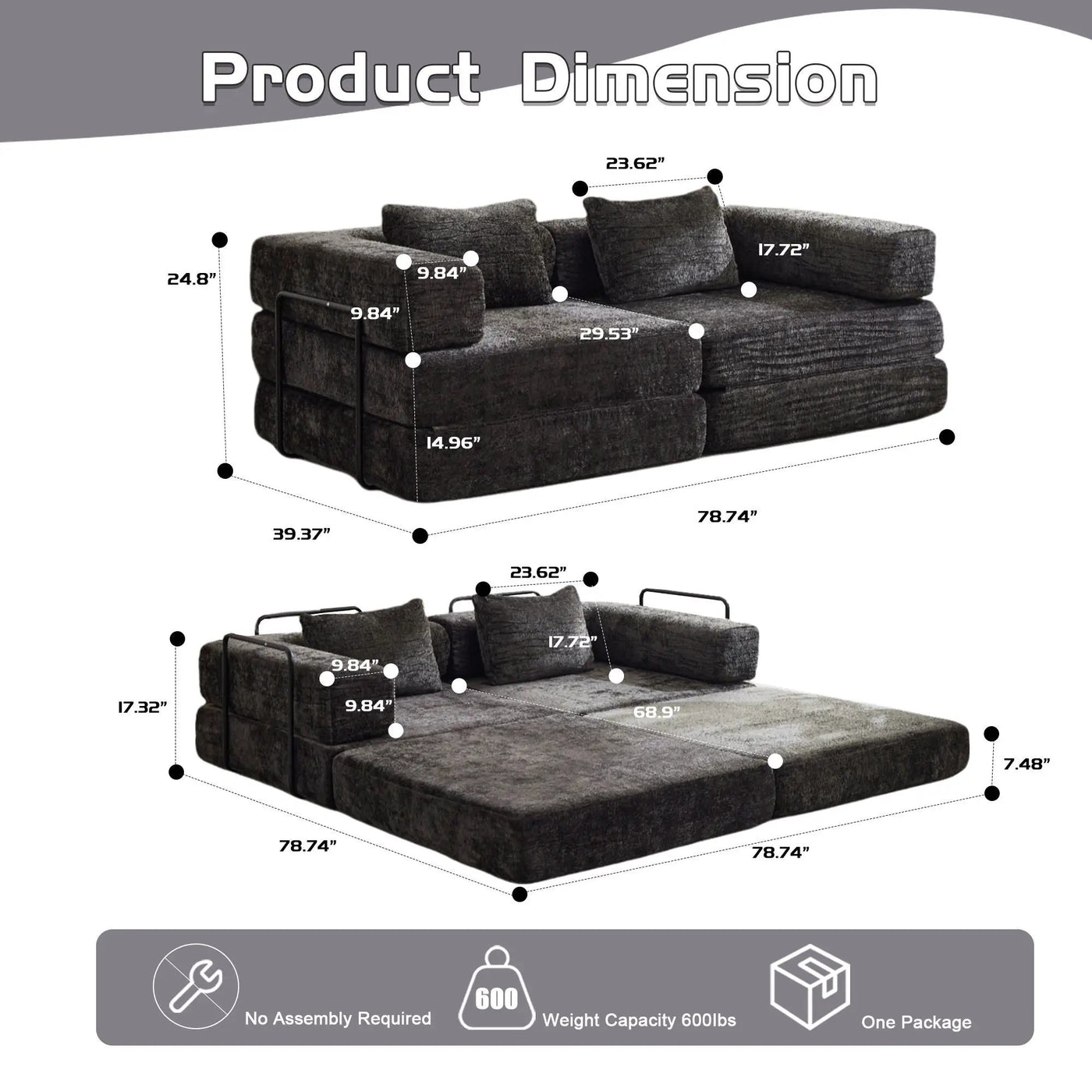 Convertible Floor Sofa Bed With Pillow Back Support Armrest by HouseOfZazla