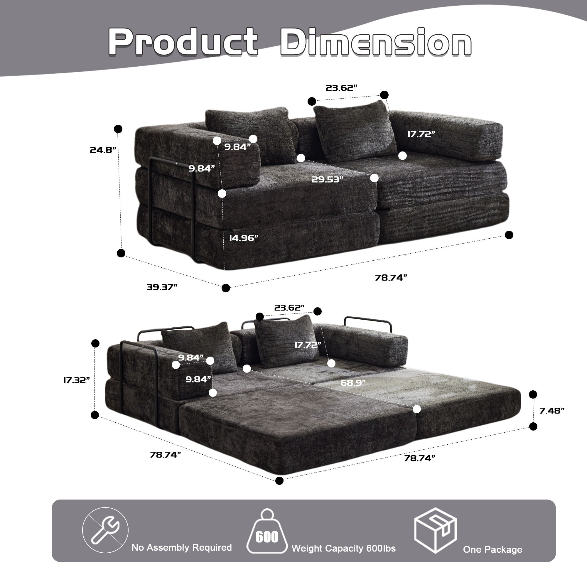 Convertible Floor Sofa Bed With Pillow Back Support Armrest by Unique Piece Furniture