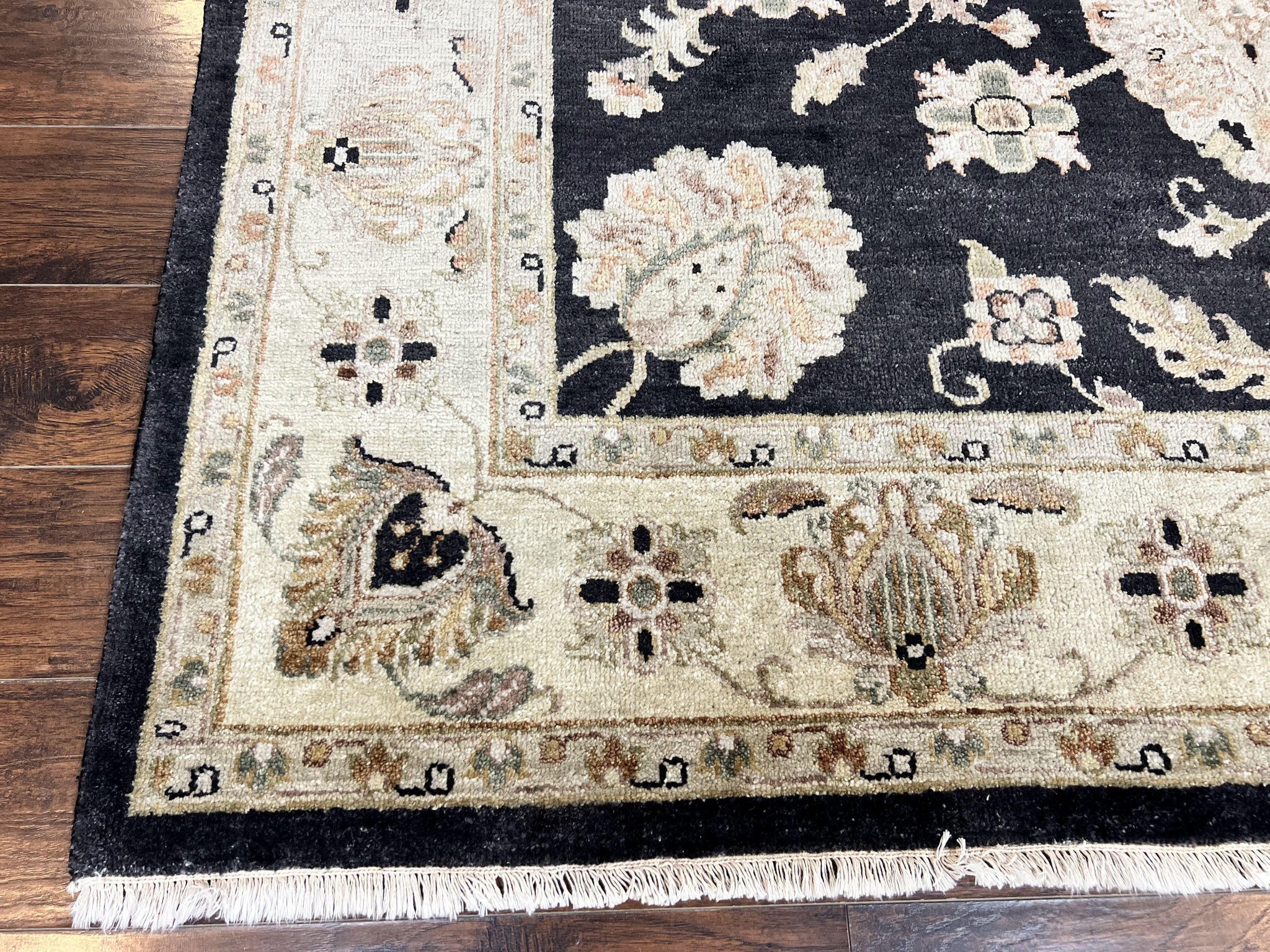 Indo Mahal Rug 8x10, Black and Beige, Vintage Rug 8 x 10 ft, Floral, Handmade Wool Carpet by Jewel Rugs