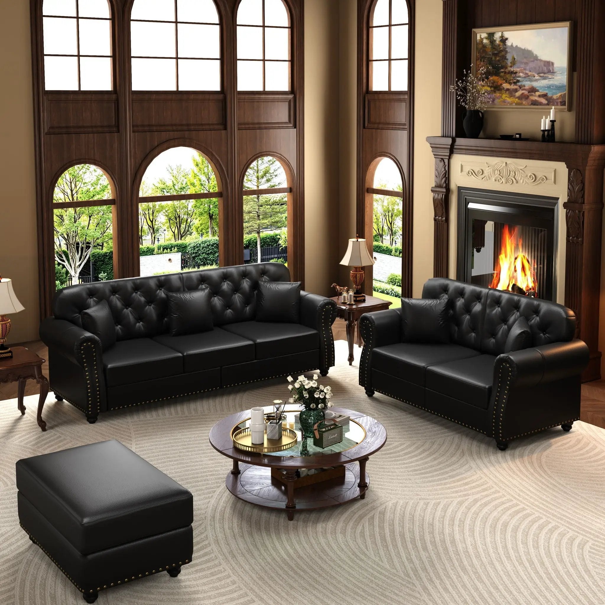 Upholstered Sofa With Nailhead Trim, Rolled Armrests With Ottoman by HouseOfZazla