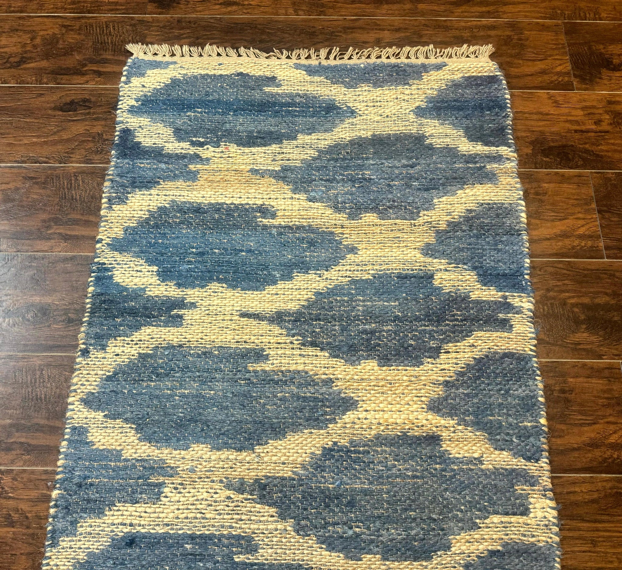 Modern Jute Runner Rug 2.9 x 7.9, Beige and Blue, Handwoven, Kaleen Rug by Jewel Rugs