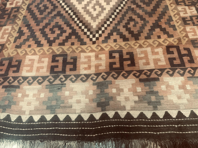 Antique Persian Tribal Kilim Rug 9x12, Zig Zag Pattern Kilim, Zarand Rug, Wool, Earth Tone Colors by Jewel Rugs