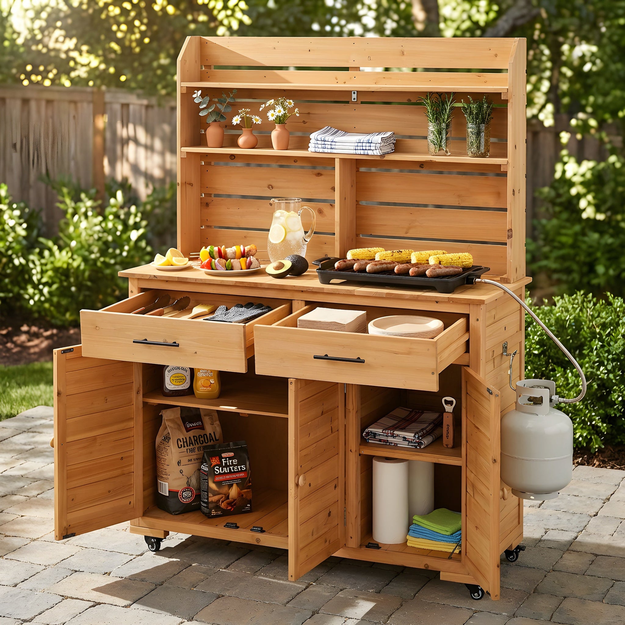 TOPMAX 65''H Large Garden Potting Bench with Lockable Wheels and Storage Cabinet by HouseOfZazla