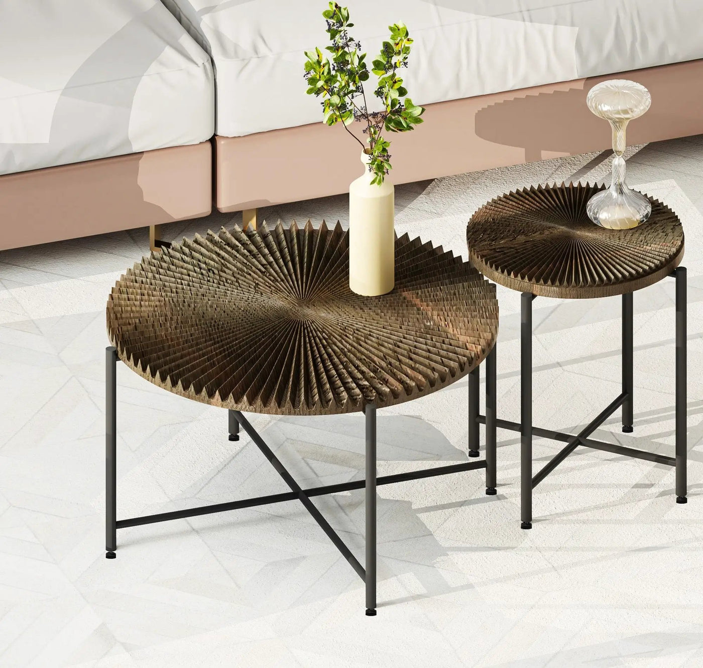 Radial - Pattern Coffee And End Table Set Waterproof Cover, Distressed Cylindrical Design (Set of 2) by Unique Piece Furniture