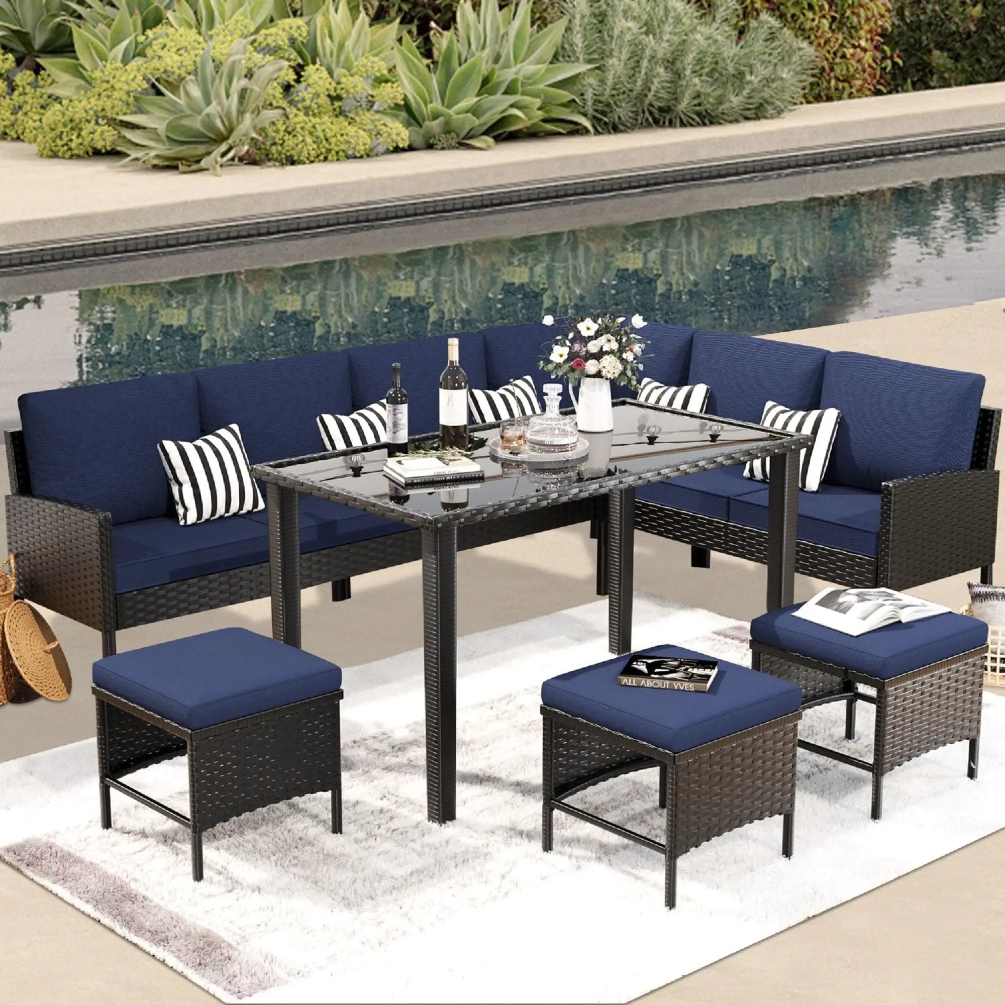 7 Piece Outdoor Furniture Set With Waterproof Cushions, Glass Table, And Space Saving Design - Blue by HouseOfZazla
