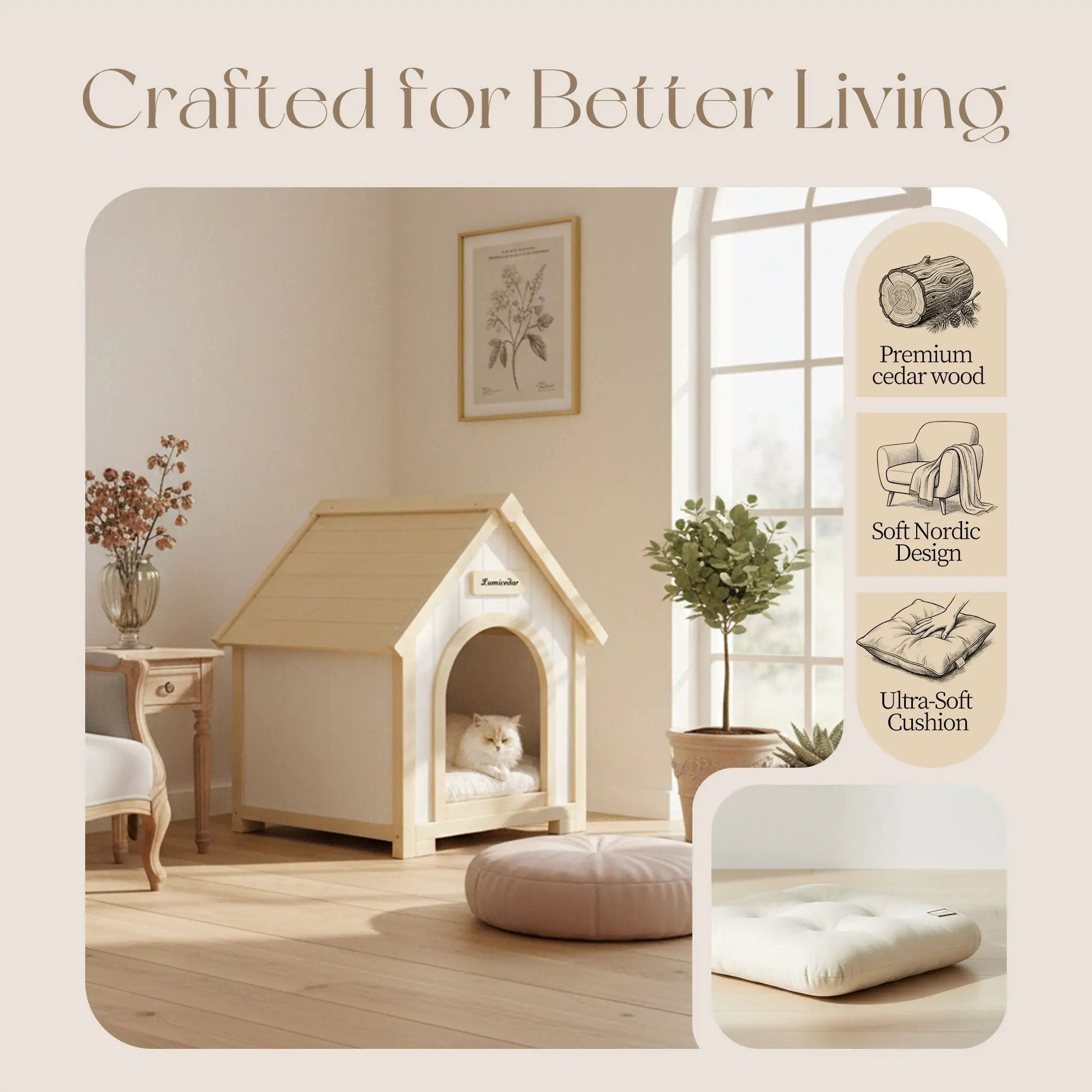 Indoor Dog House With Cushion Pet House For Small Dogs & Cats - Creamy White / Light Yellow by HouseOfZazla