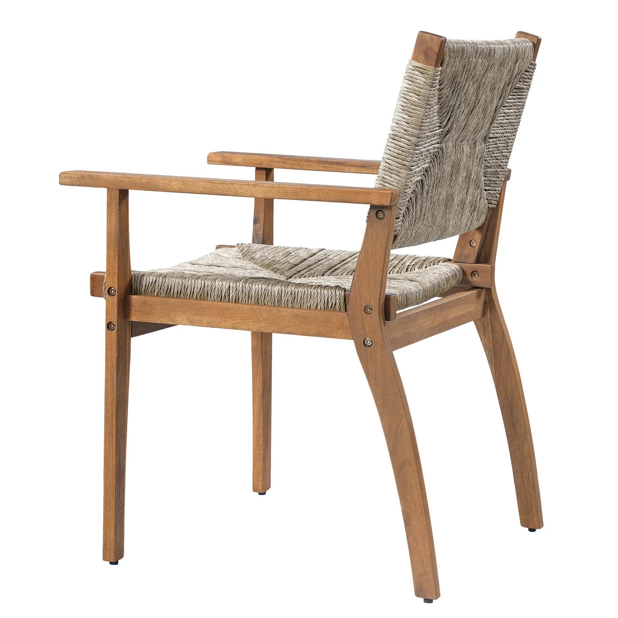 5-Piece Outdoor Dining Set: Brown Round Acacia Wood Table & 4 Brown Wicker Armchairs by HouseOfZazla