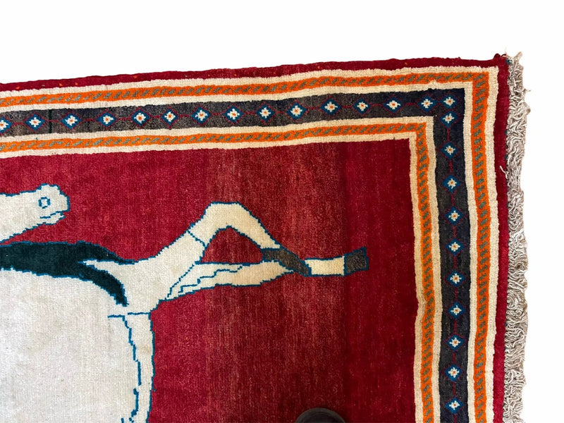 3.5 X 6 Handmade Hand-Knotted New Vintage Rug Quality Wool White Horses Red by Jewel Rugs