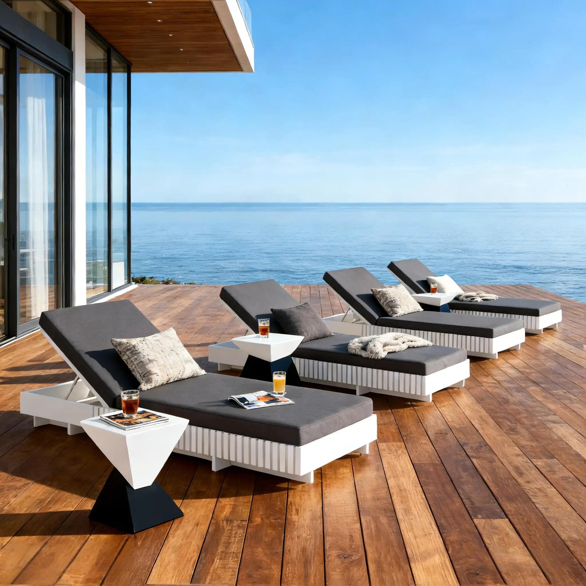 White Acacia Solid Wood Outdoor Chaise Lounge with Dark Grey Cushion by HouseOfZazla
