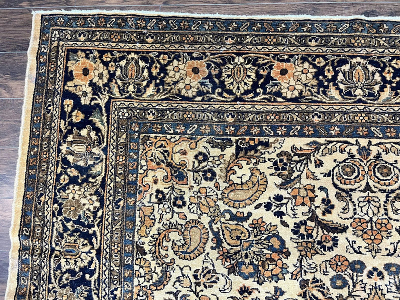 Antique Persian Rug 9x11, Wool Handmade 1920s Oriental Carpet, Persian Hamadan Anjelas Rug, Cream Black, Floral Allover Oriental Rug 9 x 11 Room Sized Rug by Jewel Rugs