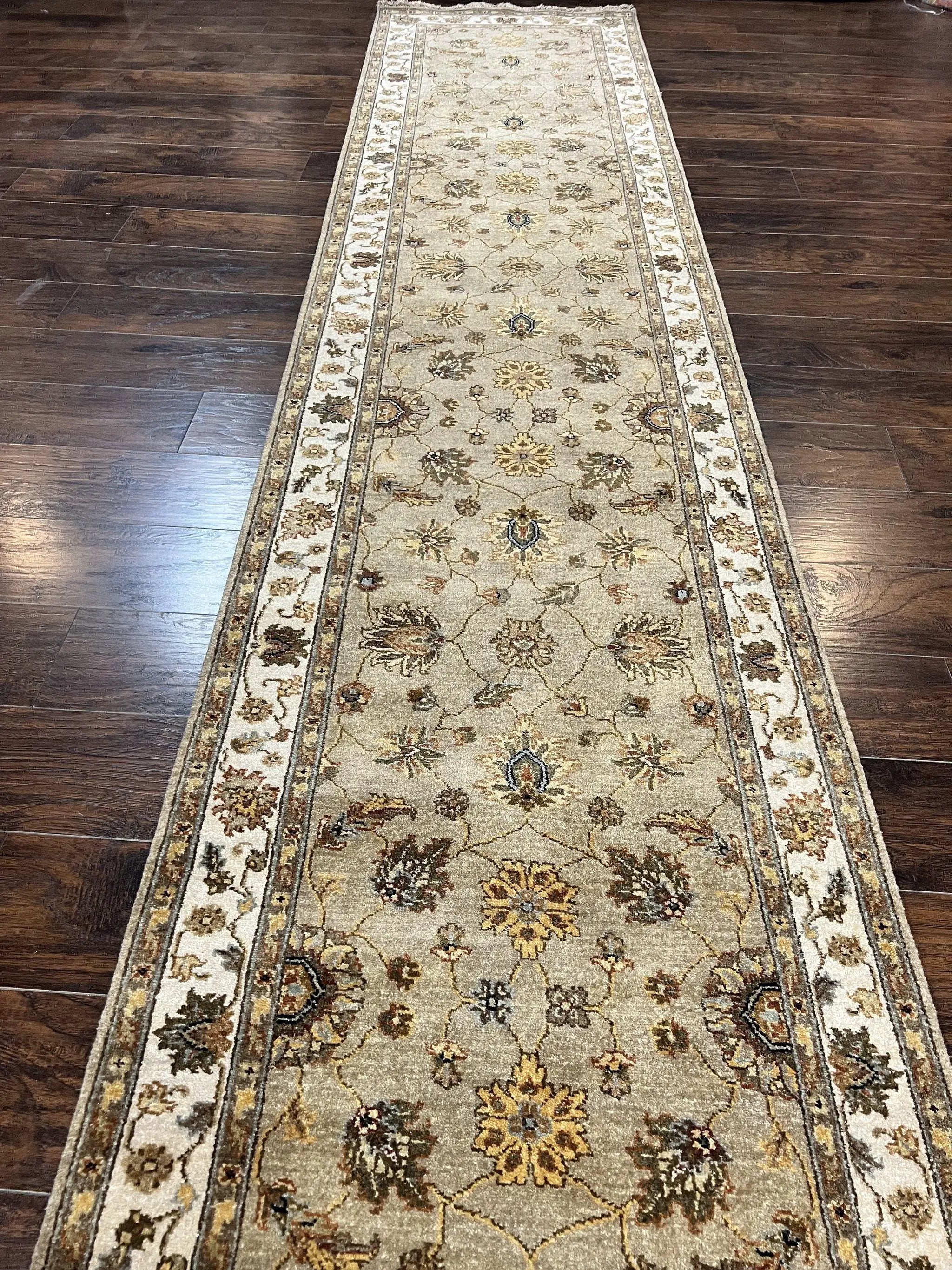 Peshawar Runner Rug 3 x 20, Wool Hand Knotted Vintage Pakistani Carpet, Olive Green & Ivory, Extra Long 20ft Hallway Runner, Floral by Jewel Rugs