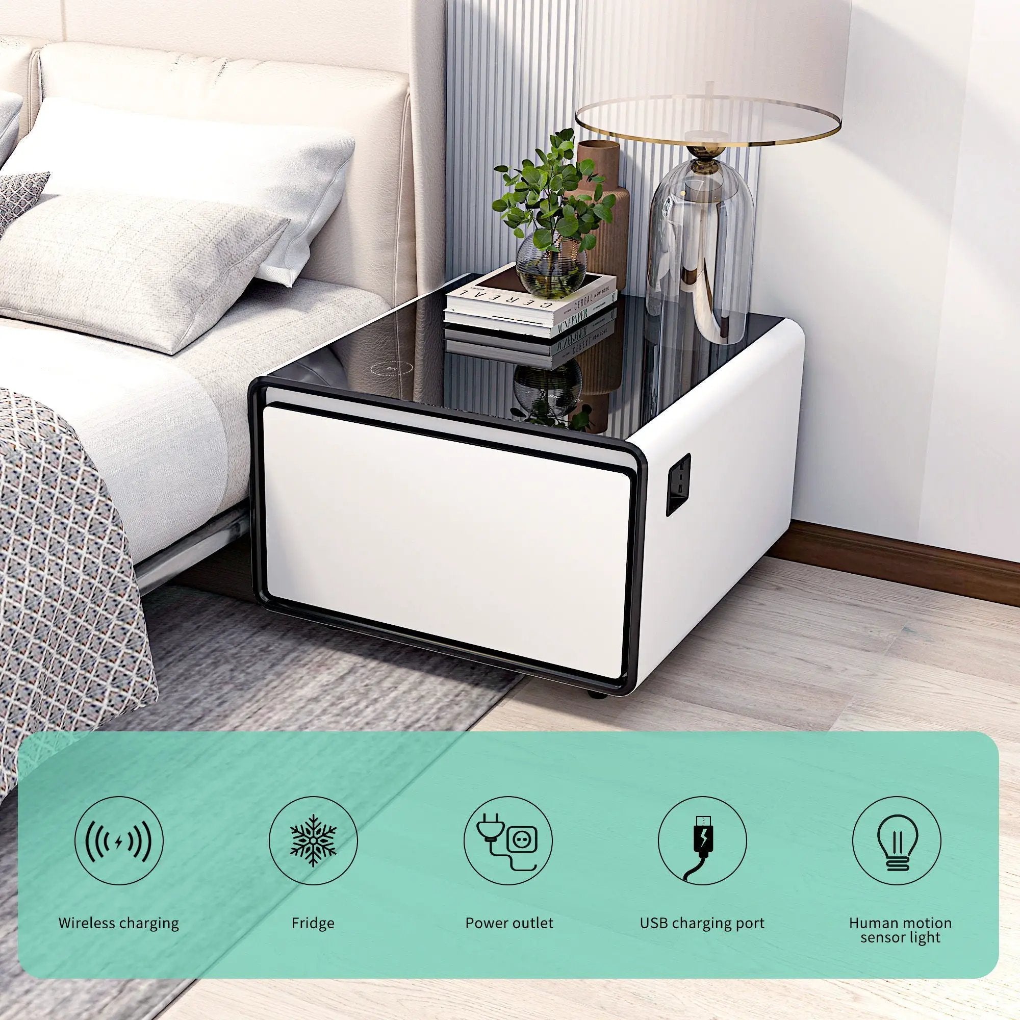 Modern Smart Side Table With Built-In Fridge, Wireless Charging, Temperature Control, Power Socket, USB Ports, Outlet Protection, Induction Light by Unique Piece Furniture